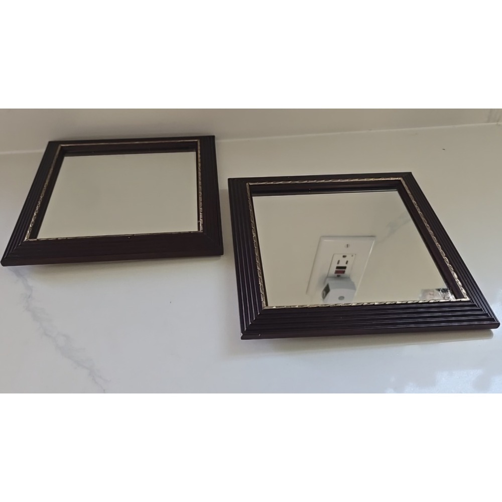 Vintage Set of 2 Square Ribbed Dark Brown Wall Mirrors with Gold Beaded Trim